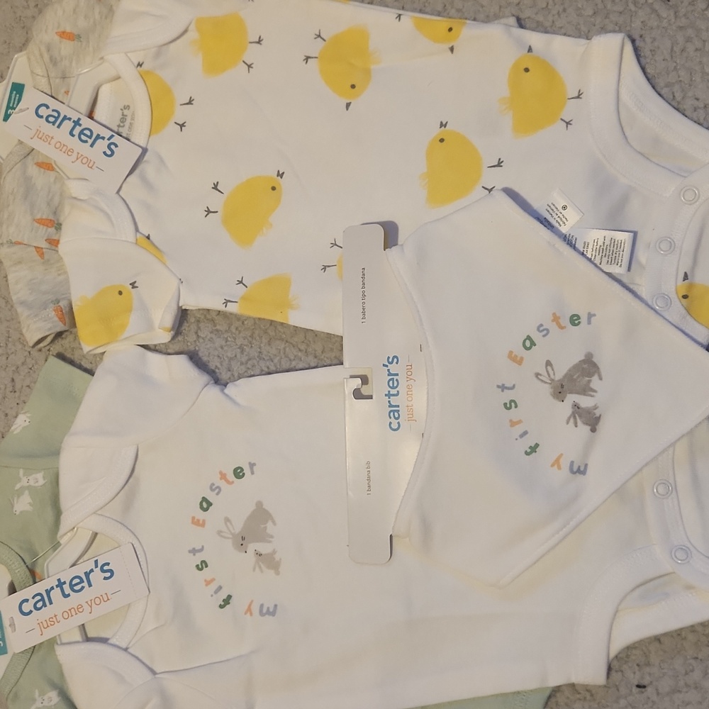 Brand New, Infant Baby First Easter Clothes, Onesies and Bib Set